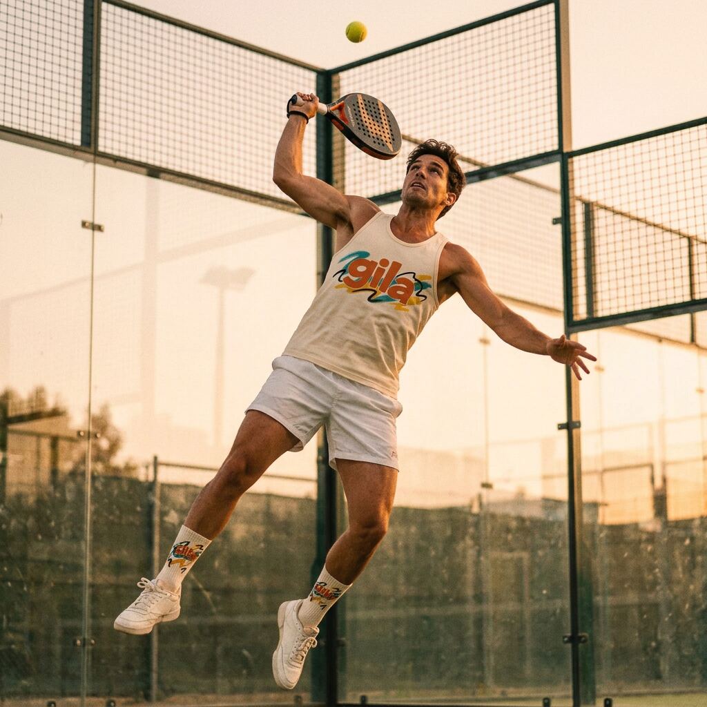 Padel player mid-swing wearing the Spike painted tank and three-stripe socks
